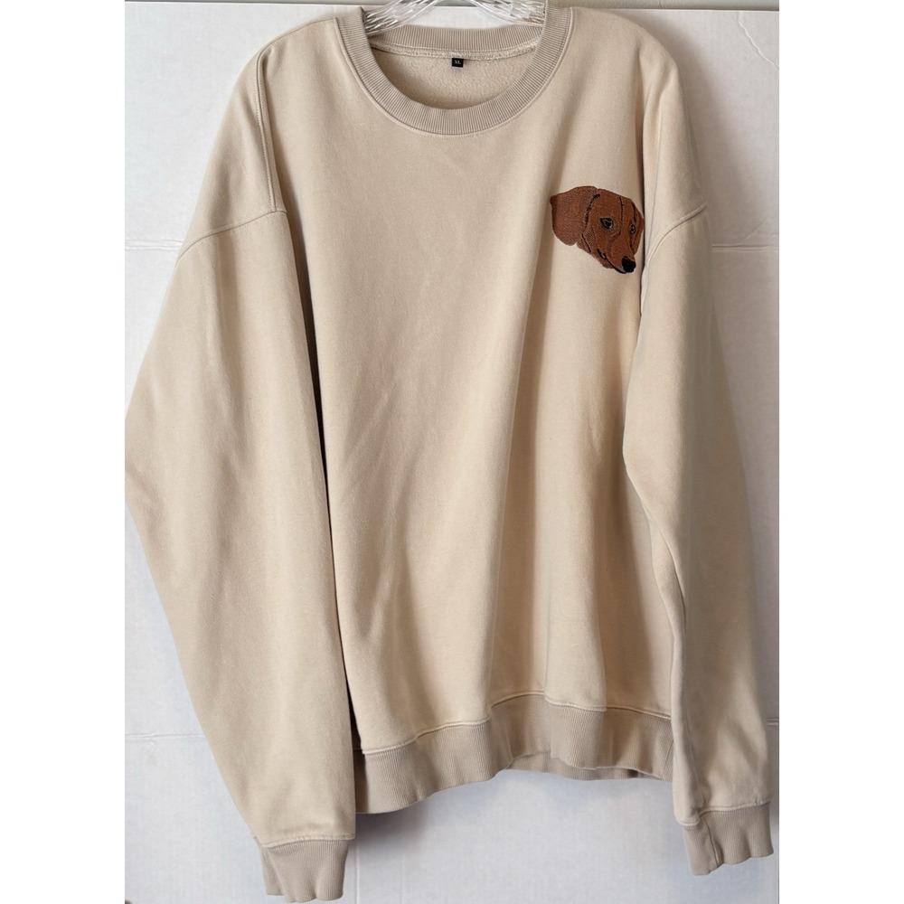 Hanes Beige Crew Neck Long Sleeve Sweatshirt XL Embroidered Dog Dachshund Accent